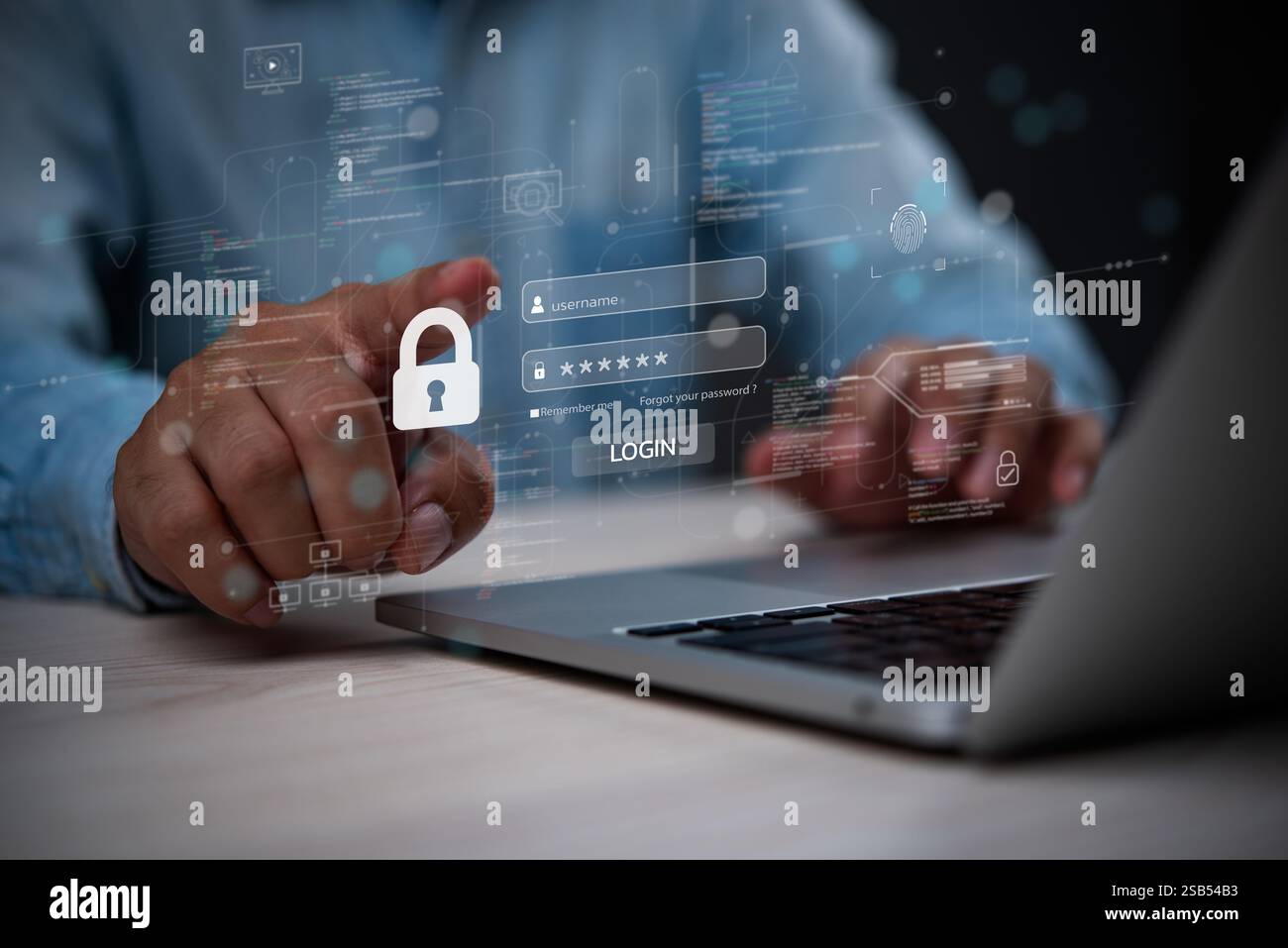 Mann, der online Benutzernamen und Passwort für soziale Medien eingibt. Anmelden. Stellt das Risiko von Online-Identitätsdiebstahl und Cybersicherheit für Online-BAS dar Stockfoto