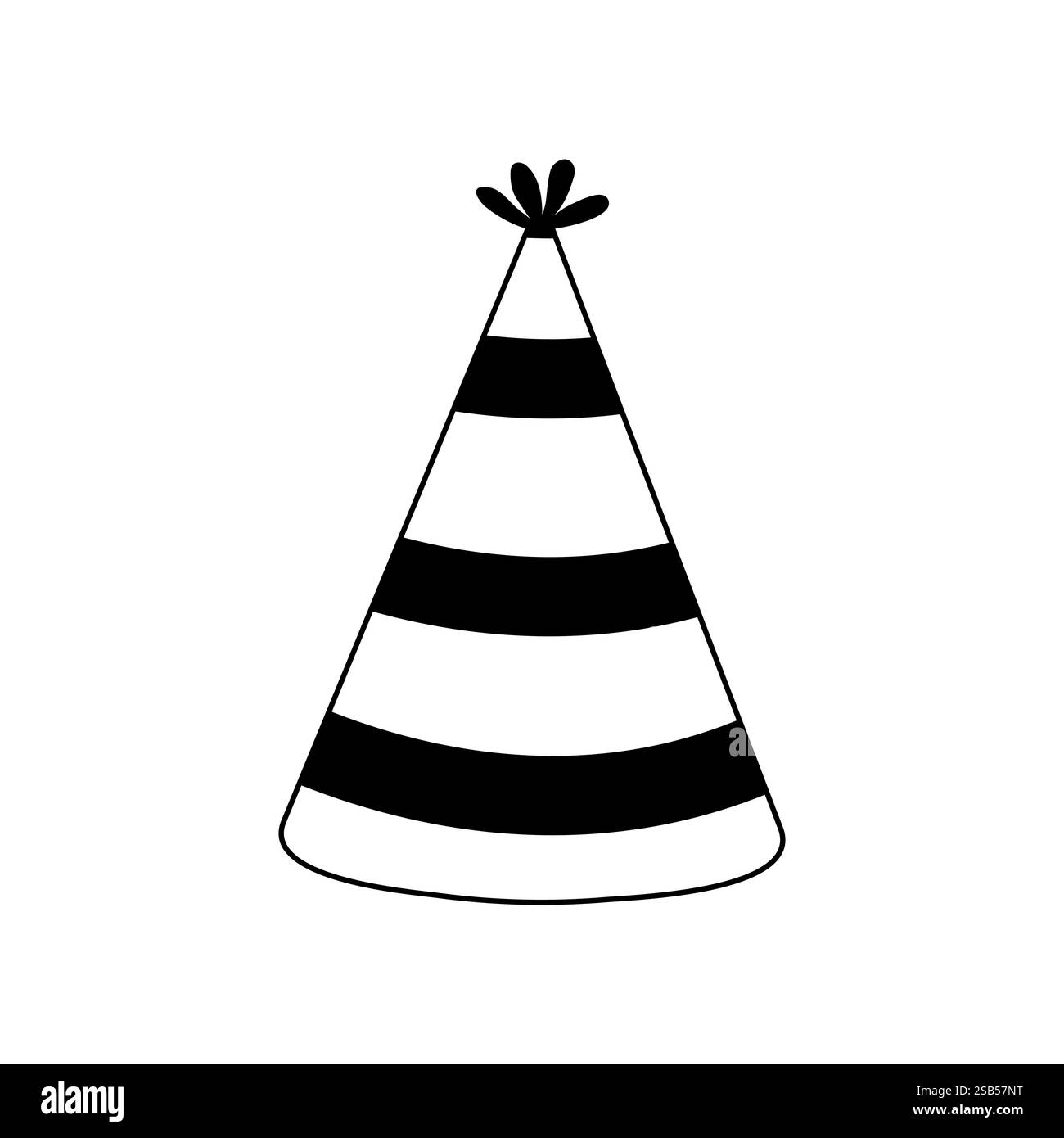 Ein gestreifter Partyhut in Schwarz und weiß ist für eine fröhliche Feier oder Versammlung bereit und bringt festlichen Geist. Stock Vektor