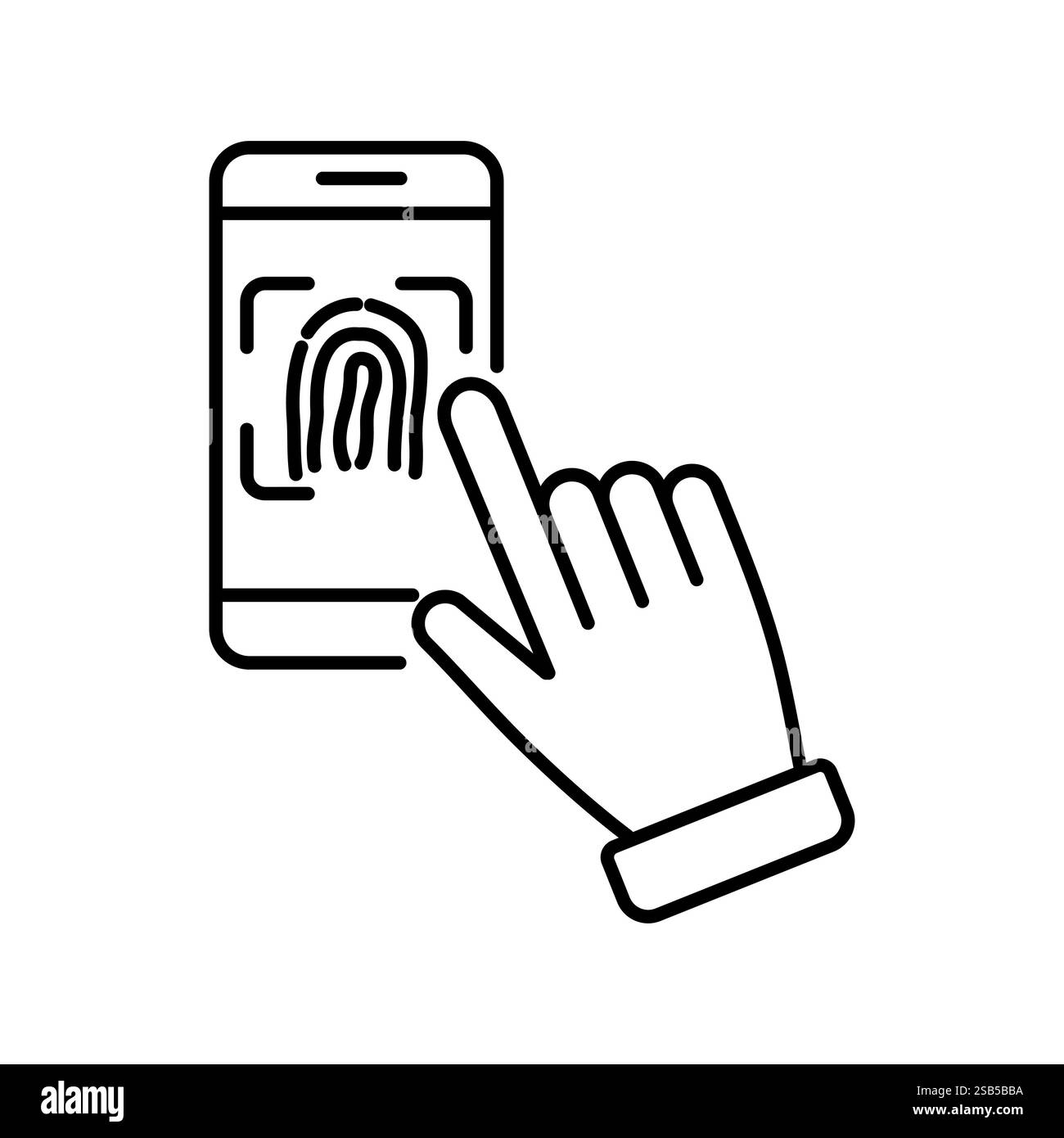 Eine Hand wird über einem Smartphone-Bildschirm positioniert, auf dem eine Fingerabdruckerkennung angezeigt wird, die anzeigt, wie aktiv das Entriegeln oder der Zugriff auf Secure i erfolgt Stock Vektor