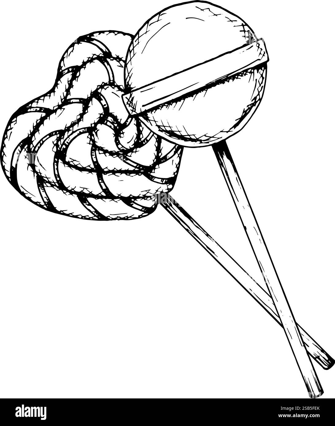 Handgezeichneter Tintenvektor-Illustration eines herzförmigen und runden Lutschs auf Sticks. Verspielte Bonbons-Clipart zum Valentinstag, Süsswaren-Branding Stock Vektor