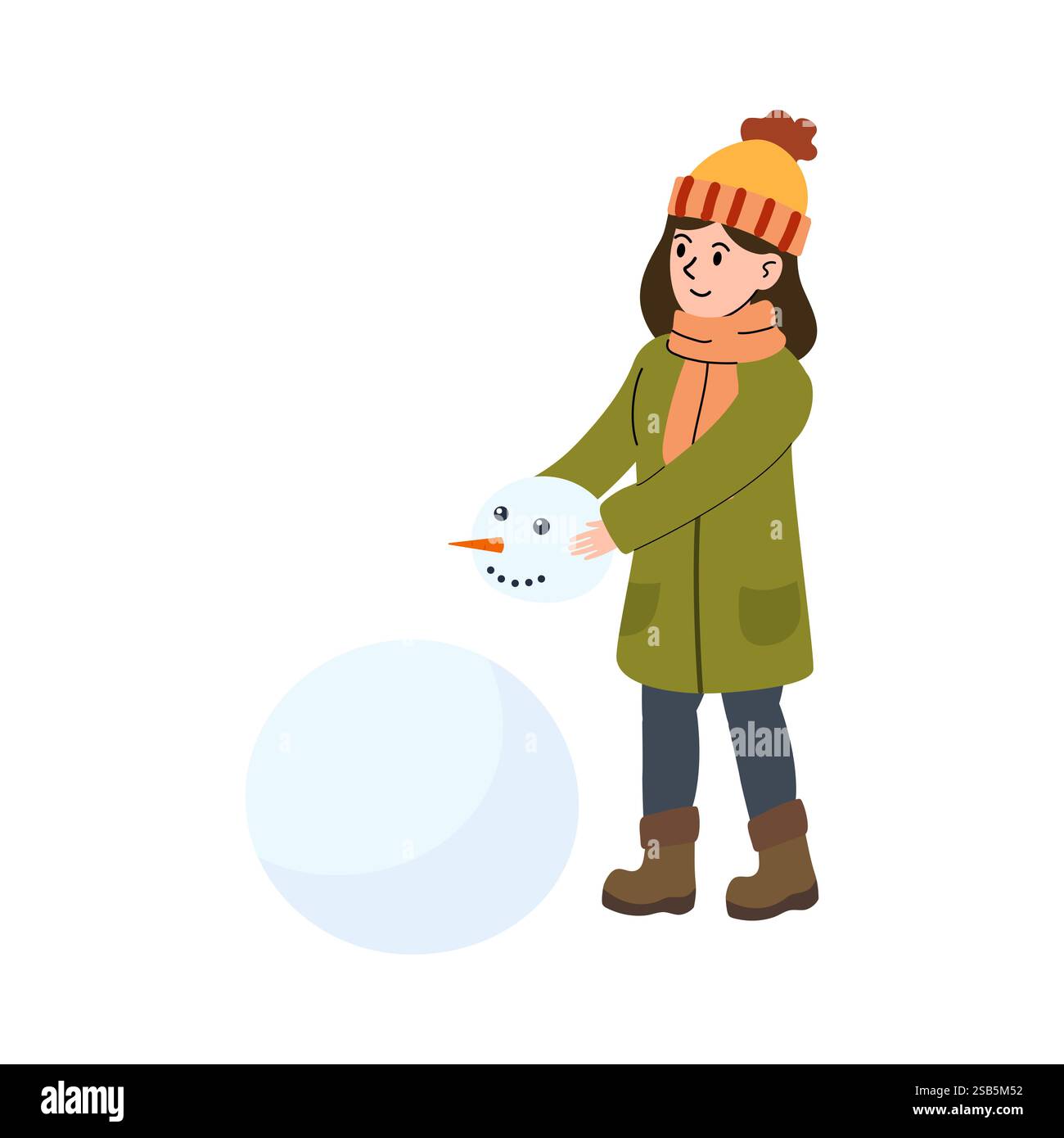 Eine Person in Winterkleidung lächelt, während sie vorsichtig einen Schneemannkopf auf einen großen Schneekörper legt. Schnee bedeckt den Boden und schafft ein fröhliches winteratmos Stock Vektor