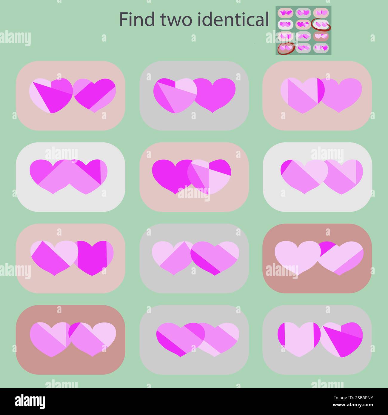 In einem Puzzlespiel für Kinder unter 6 Jahren finden Sie 2 identische Bilder mit Herzen. Stock Vektor