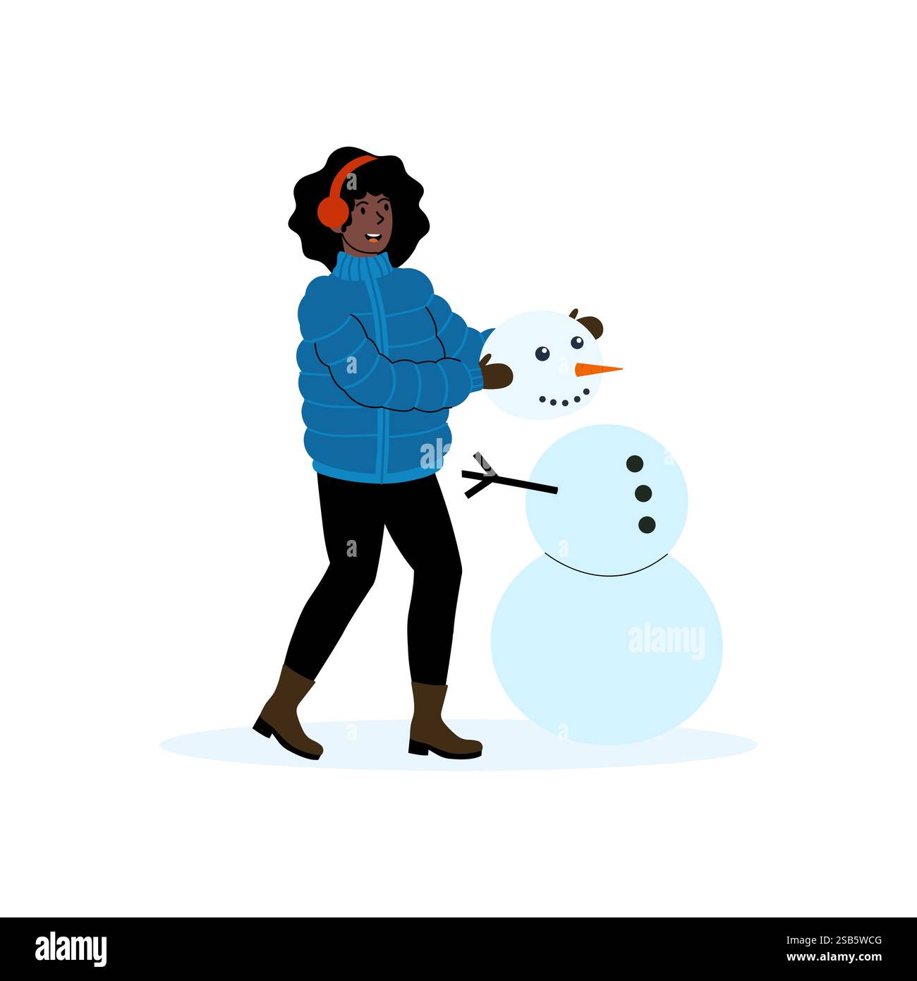 Eine Person steht stolz neben einem Schneemann, warm gekleidet in einer blauen Jacke und braunen Stiefeln. Der helle Wintertag sorgt für eine fröhliche Stimmung, während sie das genießen Stock Vektor