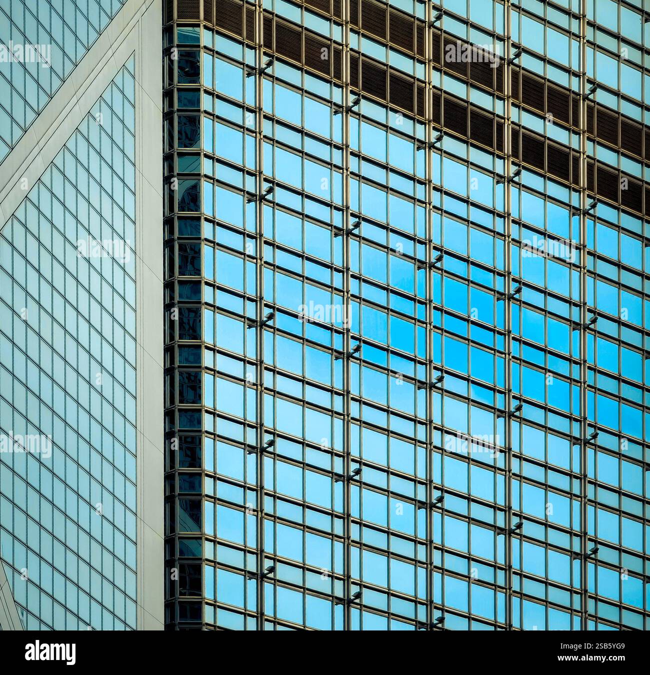 Nahaufnahme eines modernen Glashochhauses in Hongkong. Die Fassade des Gebäudes zeigt ein Gitter aus reflektierenden Fenstern, die den Himmel reflektieren. Stockfoto
