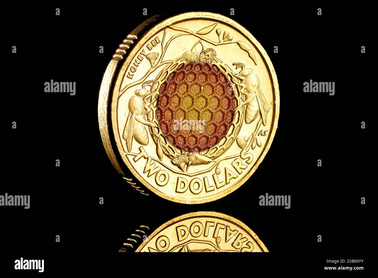 Australische 2-Dollar-Münze mit dem Honey Bee-Design, das einen Preis für den besten Preis gewonnen hat Stockfoto