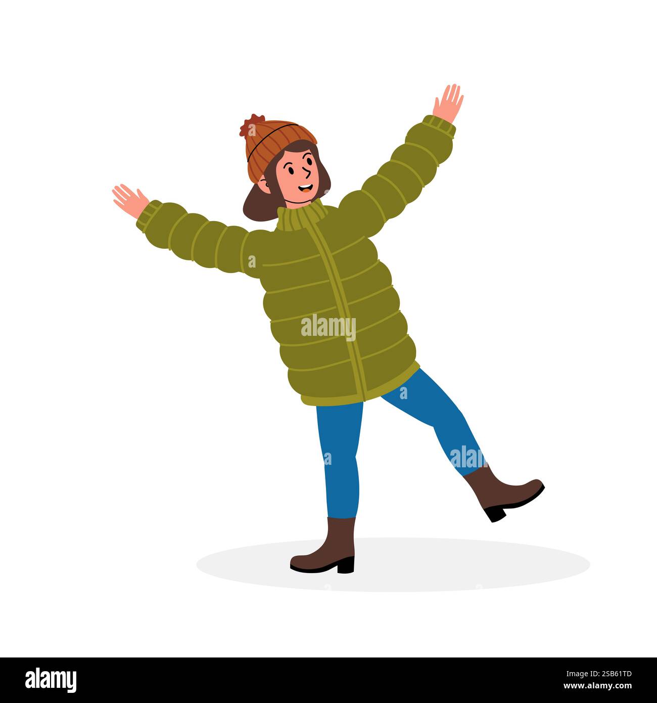 Eine fröhliche Person tanzt mit einer grünen, geschwollenen Jacke und einem braunen Hut vor Spannung. Das helle Lächeln zeigt Freude an einem Wintertag, hallo Stock Vektor