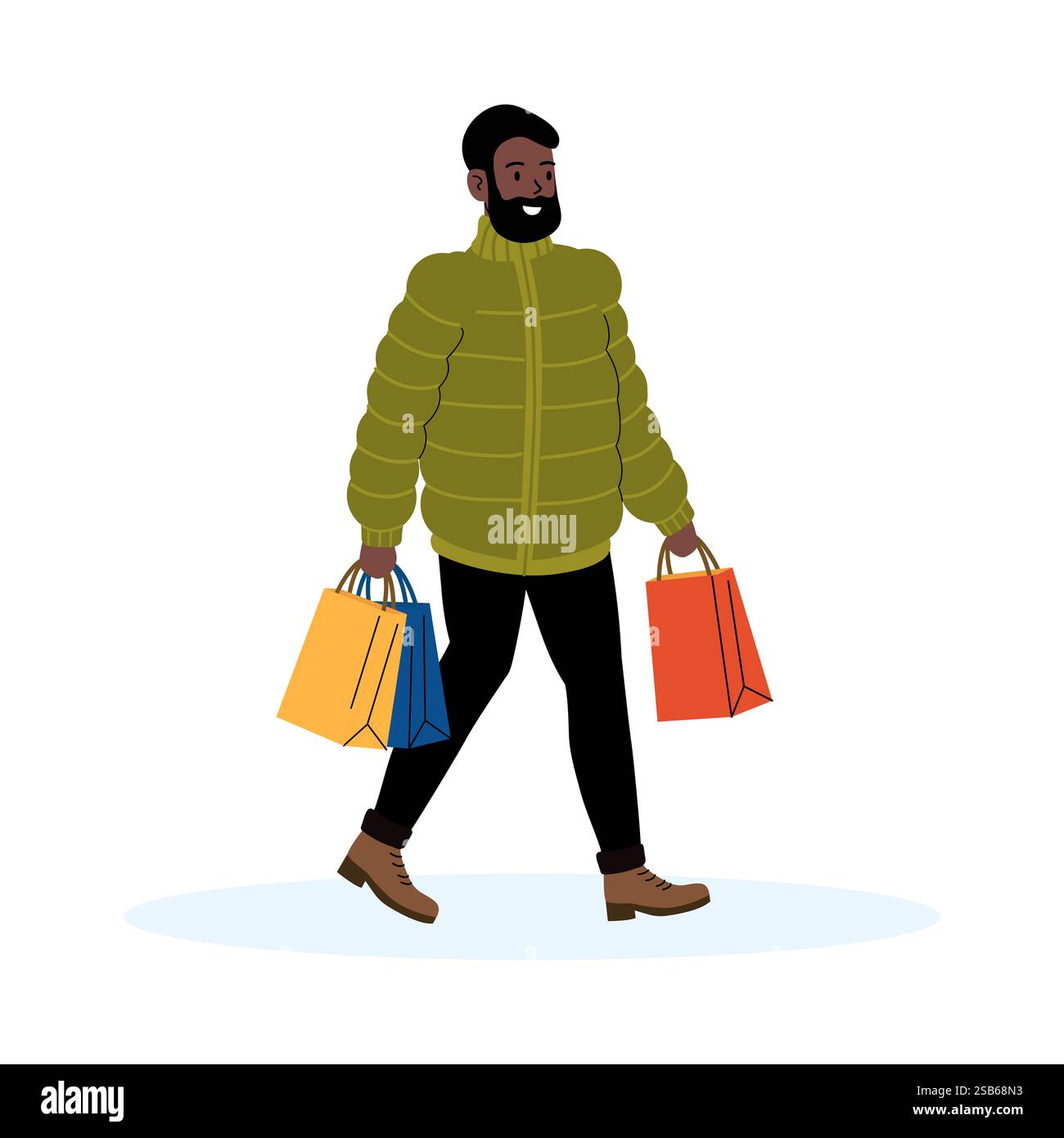 Ein Mann mit einem Bart lächelt, während er draußen läuft, mit lebendigen Einkaufstaschen in Gelb, Orange und Blau. Er trägt eine grüne Pufferjacke und braun Stock Vektor