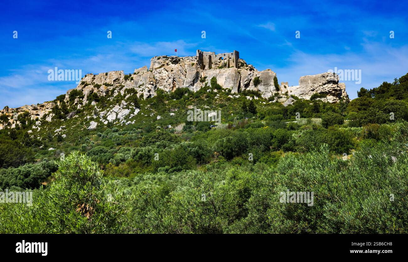 Les Baux-de-Provence historisches Schloss mit Olivenbäumen im Vordergrund. Bouches-du-Rhône, Provence, Frankreich, Europa. Stockfoto