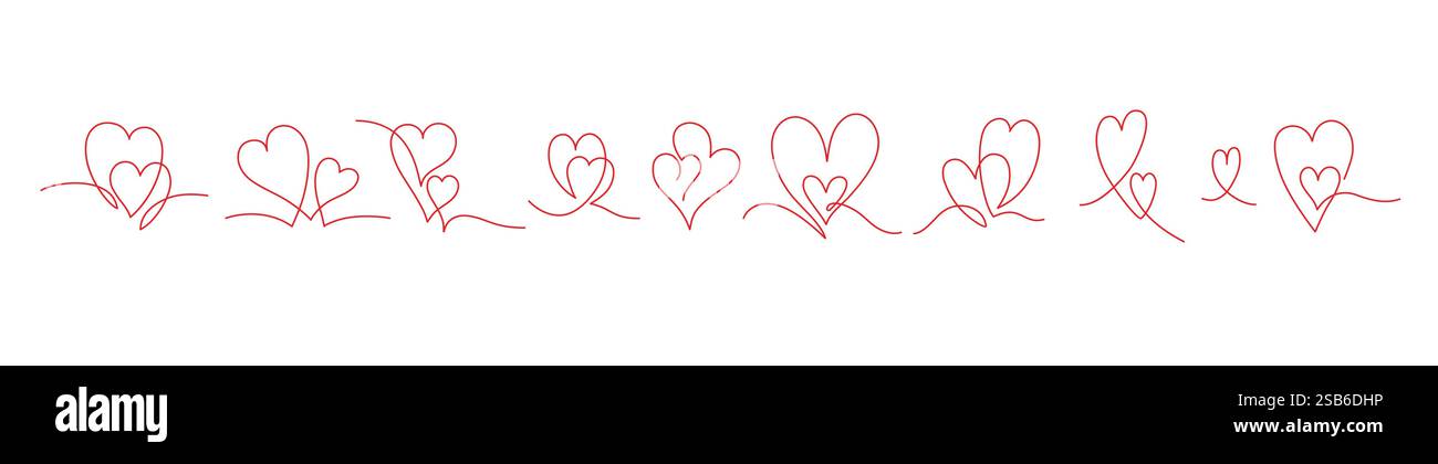 Eine zarte Linienzeichnung zeigt verschiedene Herzformen mit wirbelnden Basen. Dieses Design ist ideal für romantische Themen, Schreibwaren oder kreative Projekte Stock Vektor