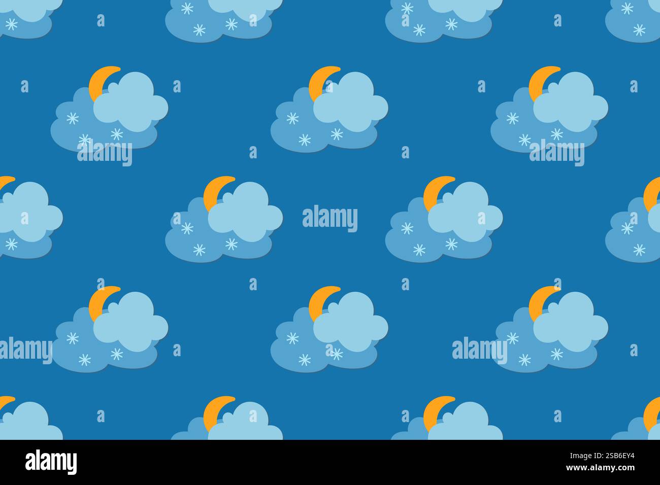 Ein lebendiges Muster mit flauschigen Wolken und Halbmonden vor einem kräftigen blauen Hintergrund, perfekt für verschiedene Designprojekte. Stock Vektor
