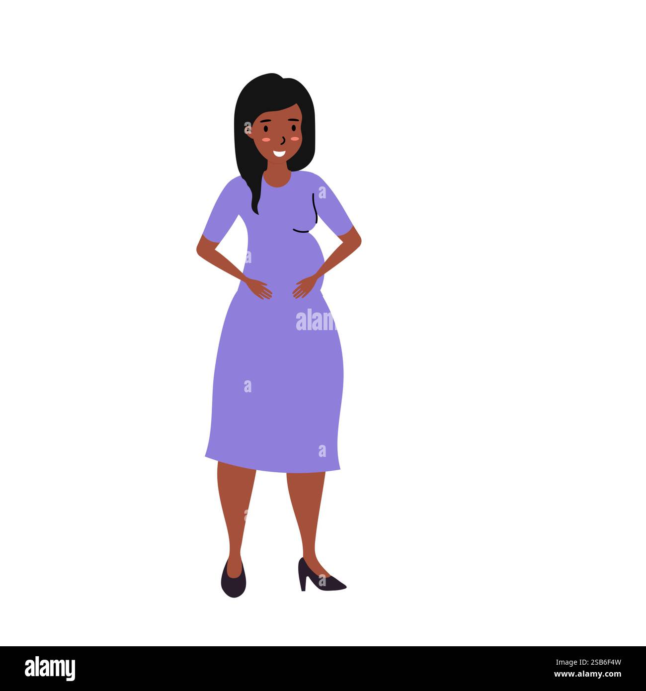 Eine fröhlich erwartende Mutter steht anmutig in einem lila Kleid, die sanft ihren Baby mit beiden Händen umhüllt. Ihr fröhlicher Ausdruck strahlt die bea aus Stock Vektor