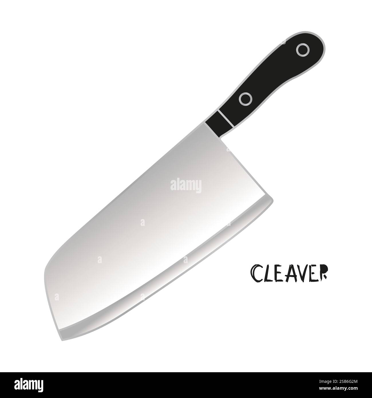 Ein großes, scharfes Messer mit schwarzem Griff wird auf einem weißen Hintergrund platziert. Das Messer ist der Mittelpunkt des Bildes und zeigt sein schlankes Design Stock Vektor