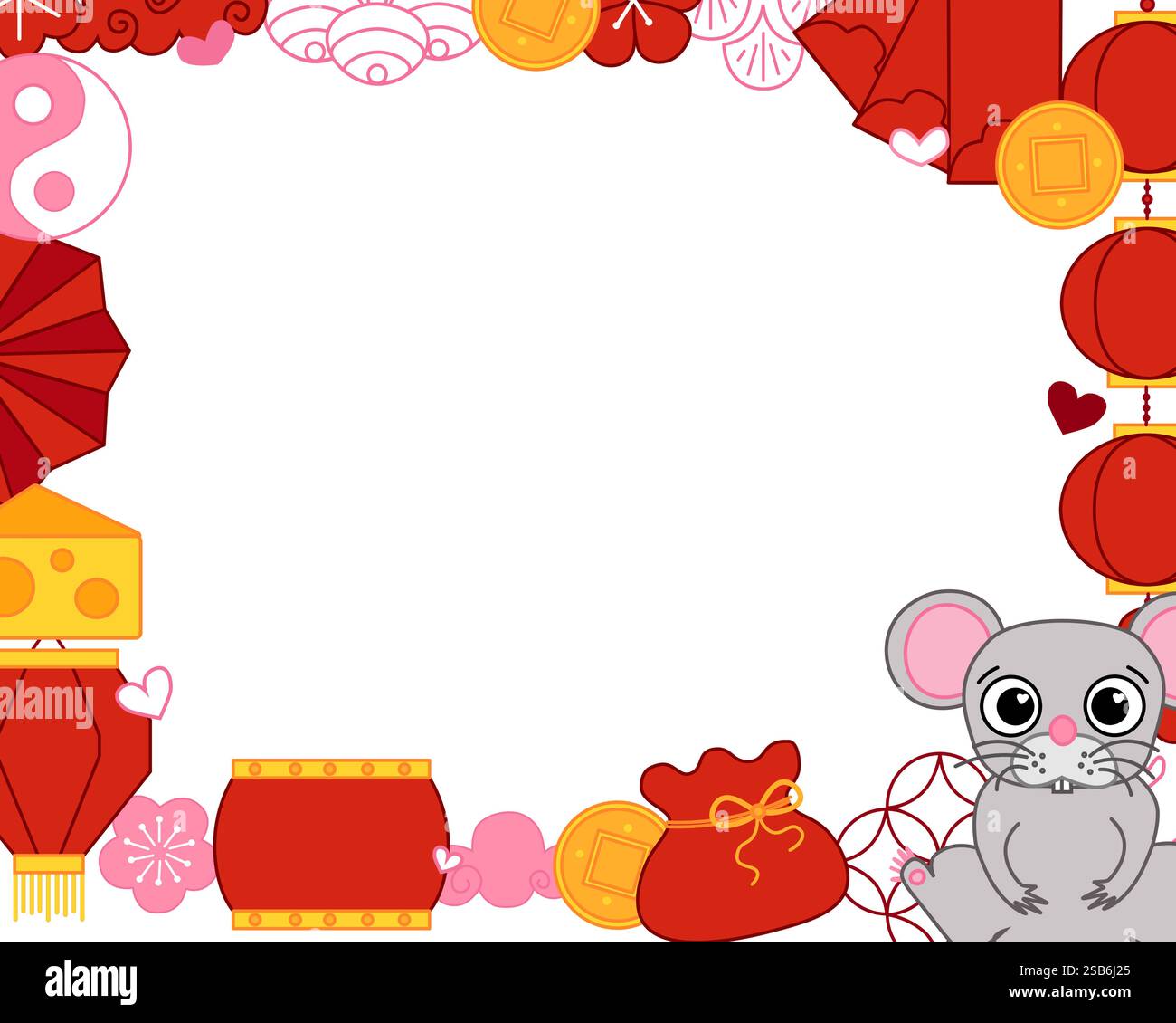 chinesisches Neujahr 2032 Rattenmaus rechteckiger Vektor-grafischer Linienrahmen, Rand, Ornament. Traditionell elegante Grafik in Asien. Logo-Designvorlage. Einfach Stock Vektor