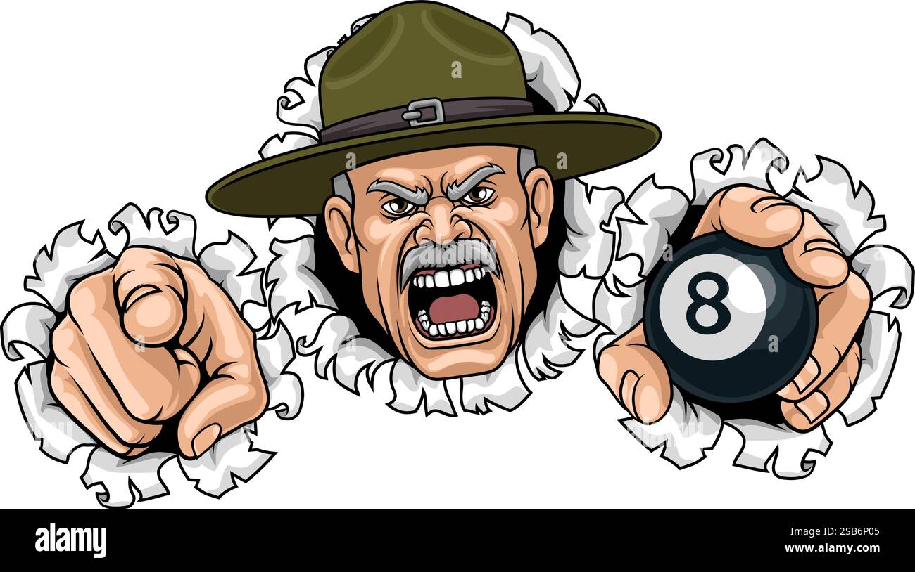 Bohrlehrer Sergeant Billard Pool Maskottchen Stock Vektor