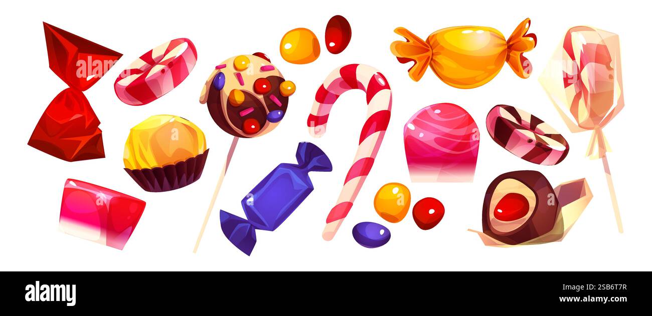 Süßigkeiten auf weißem Hintergrund. Vektor-Zeichentrickillustration von gewickelten Lutschen, Schokoladenbonbons in Folie, gestreiftem Karamellrohr, Farbe Bonb Stock Vektor