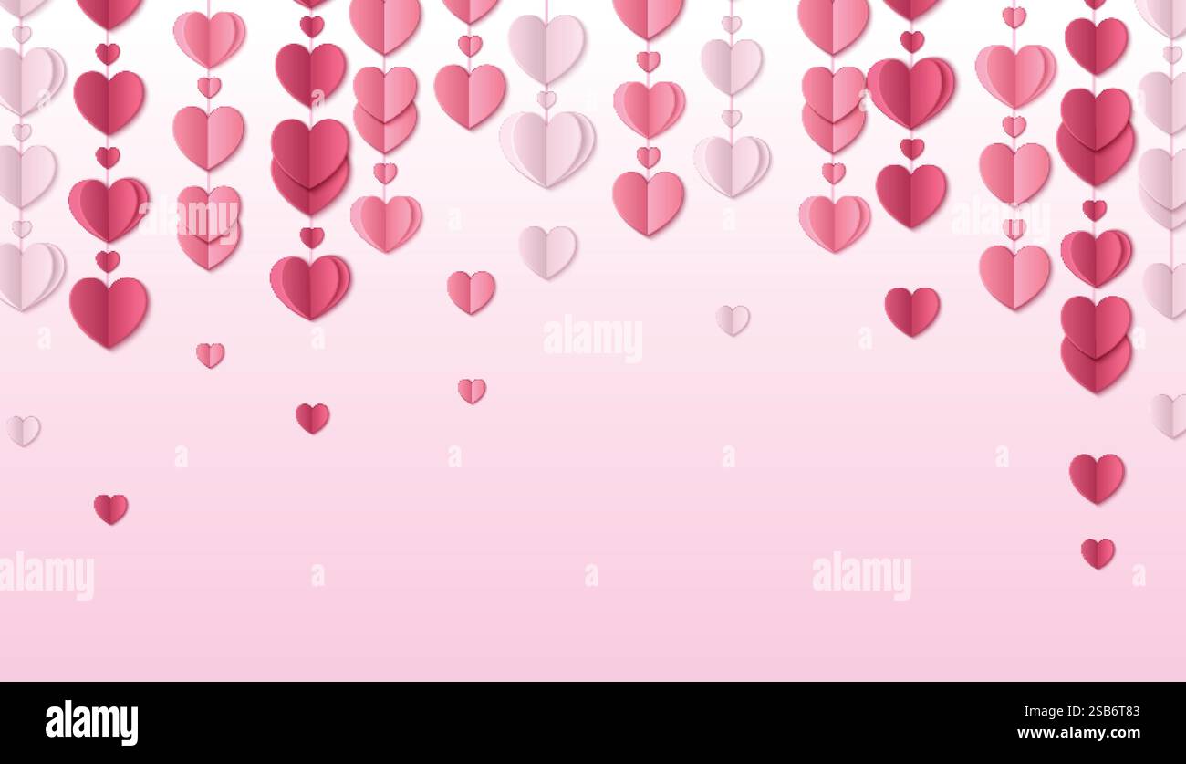 Papier Herz valentinstag Dekoration auf rosa Hintergrund - gefaltete romantische Ausschnitte hängen in der Girlande. Karmesinrot, rosa und rot, romantisch und langweilig Stock Vektor