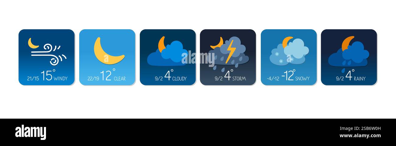 Bunte Symbole veranschaulichen die bevorstehende Wettervorhersage, einschließlich Sonne, Wolken, Wind und Regen für jeden Tag. Stock Vektor