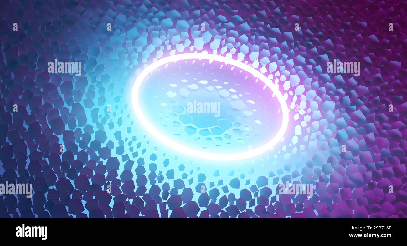 Abstrakte Darstellung eines Neon-Leuchtrings, der in einer Reihe von low Poly-Partikeln explodiert. Konzeptionelle 3D-Darstellung der bewegten Energie der Sprengwelle. Stockfoto