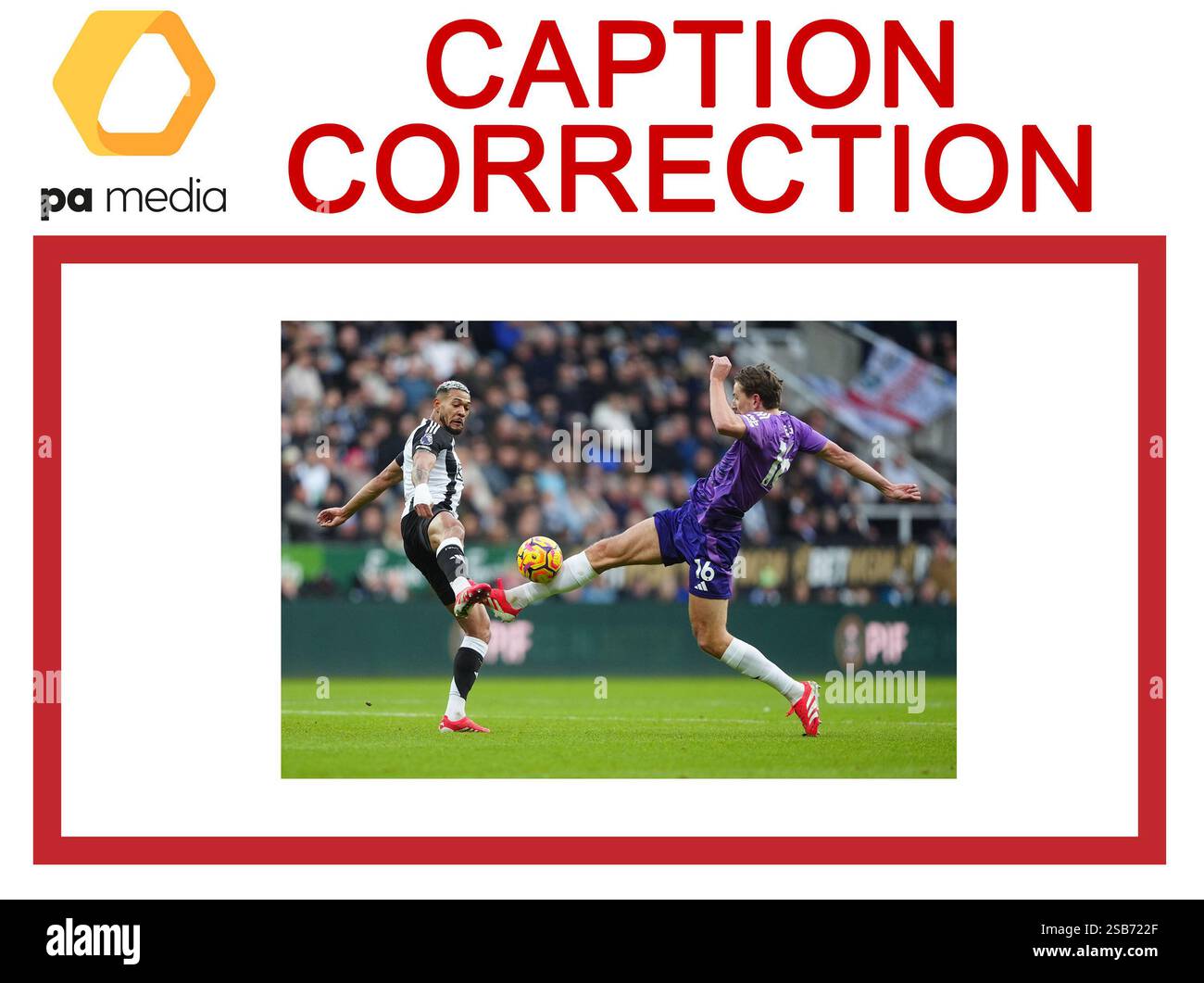 Die KORREKTUR DES NAMENS DES NEWCASTLE-SPIELERS Newcastle United, Joelinton und Fulham's Sander Berge (rechts), um den Ball während des Premier League-Spiels im St James' Park, Newcastle-upon-Tyne. Bilddatum: Samstag, 1. Februar 2025. Stockfoto