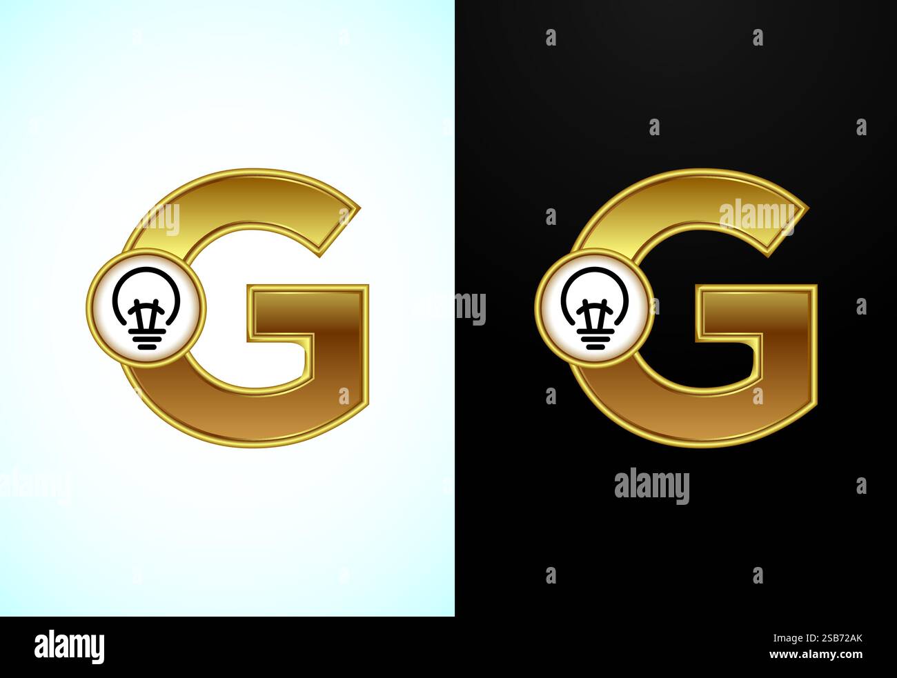 Englischer Buchstabe G mit elektrischer Glühlampe in Goldfarbe, Creative Idea Logo-Konzept Stock Vektor