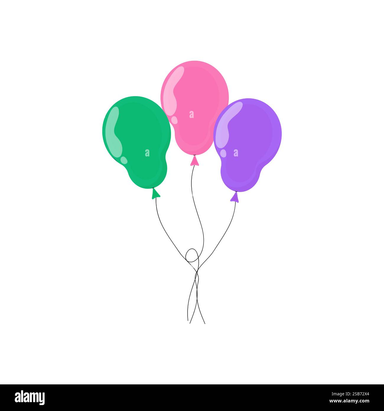 Drei leuchtende Ballons in Grün, Pink und Lila sind zusammengebunden und bereit für festliche Anlässe wie eine Party oder einen Geburtstag. Stock Vektor