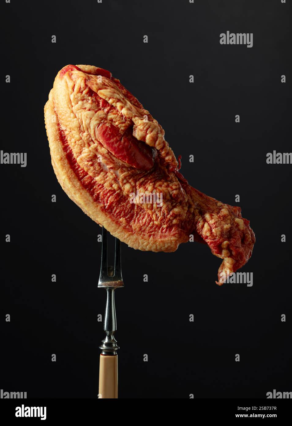 Geräucherte Schweinebacke auf einer Gabel. Schwarzer Hintergrund mit Kopierraum. Stockfoto