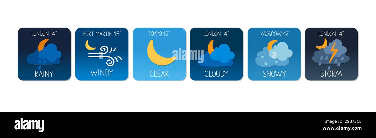 Eine Sammlung von Wettersymbolen veranschaulicht Bedingungen wie Regen, Wind und Schnee an mehreren Orten weltweit, darunter London und Tokio. Stock Vektor