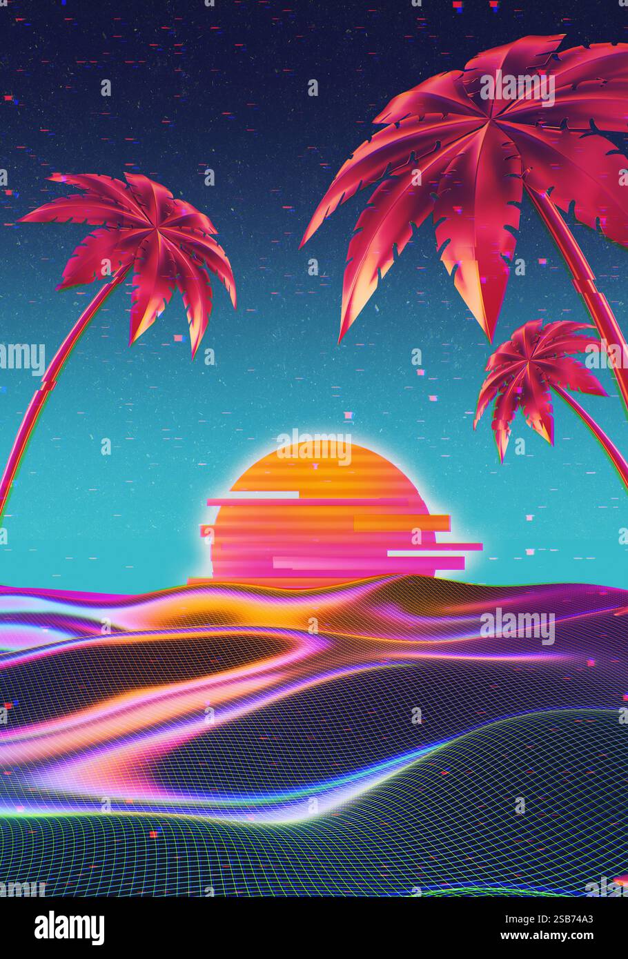 Futuristische Retro-Illustration im Stil der 1980er Jahre. Spektrales Gelände mit lebhaften Palmen vor Cyber-Laser-Sonnenuntergang. Heller Neonhintergrund im a4-format Stockfoto