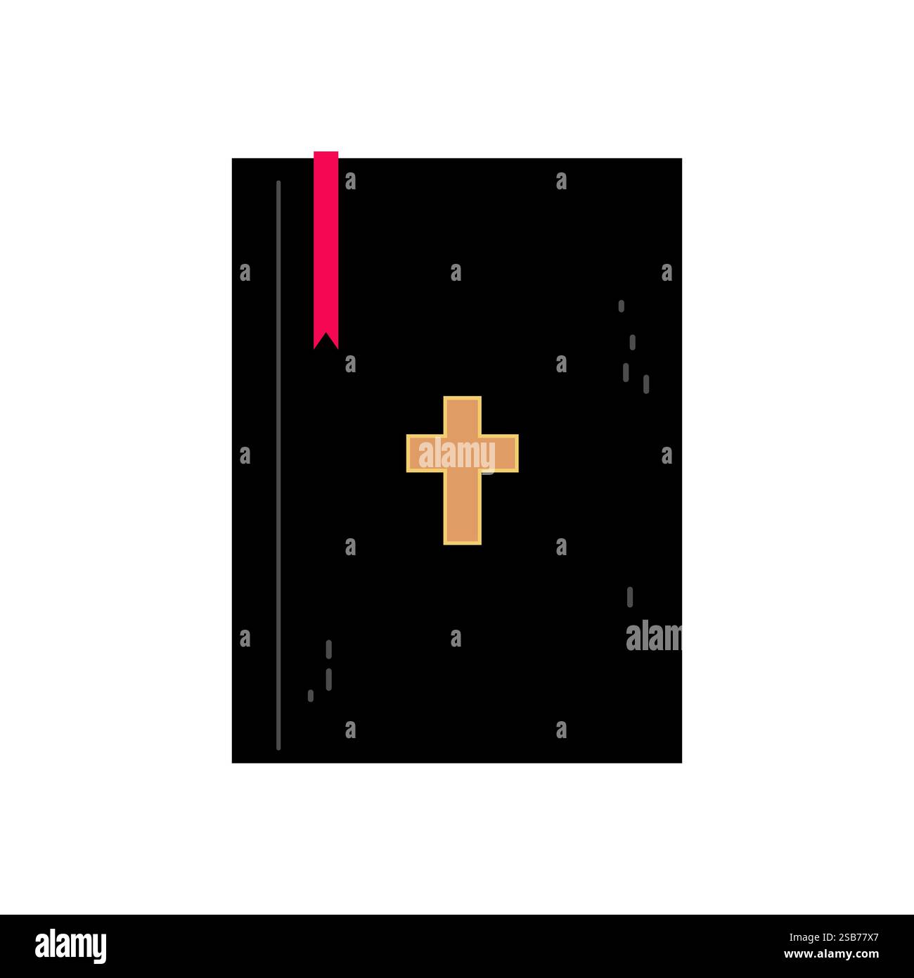 Ein schwarzes Buch mit einem goldenen Kreuz auf dem Umschlag mit einem roten Lesezeichen auf einem sauberen weißen Hintergrund. Stock Vektor