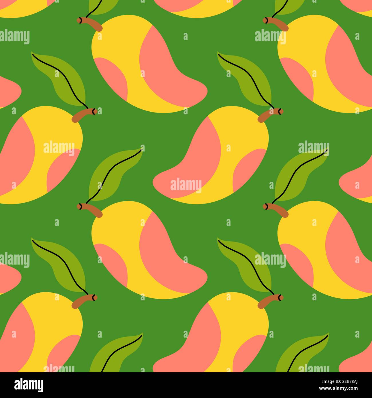 Eine lebhafte Darstellung von Mangobrüchten, die in verschiedenen Gelb- und Rosa-Tönen dargestellt werden, ruht auf einem üppigen grünen Hintergrund, was eine lebhafte und tropische Atmosphäre schafft Stock Vektor