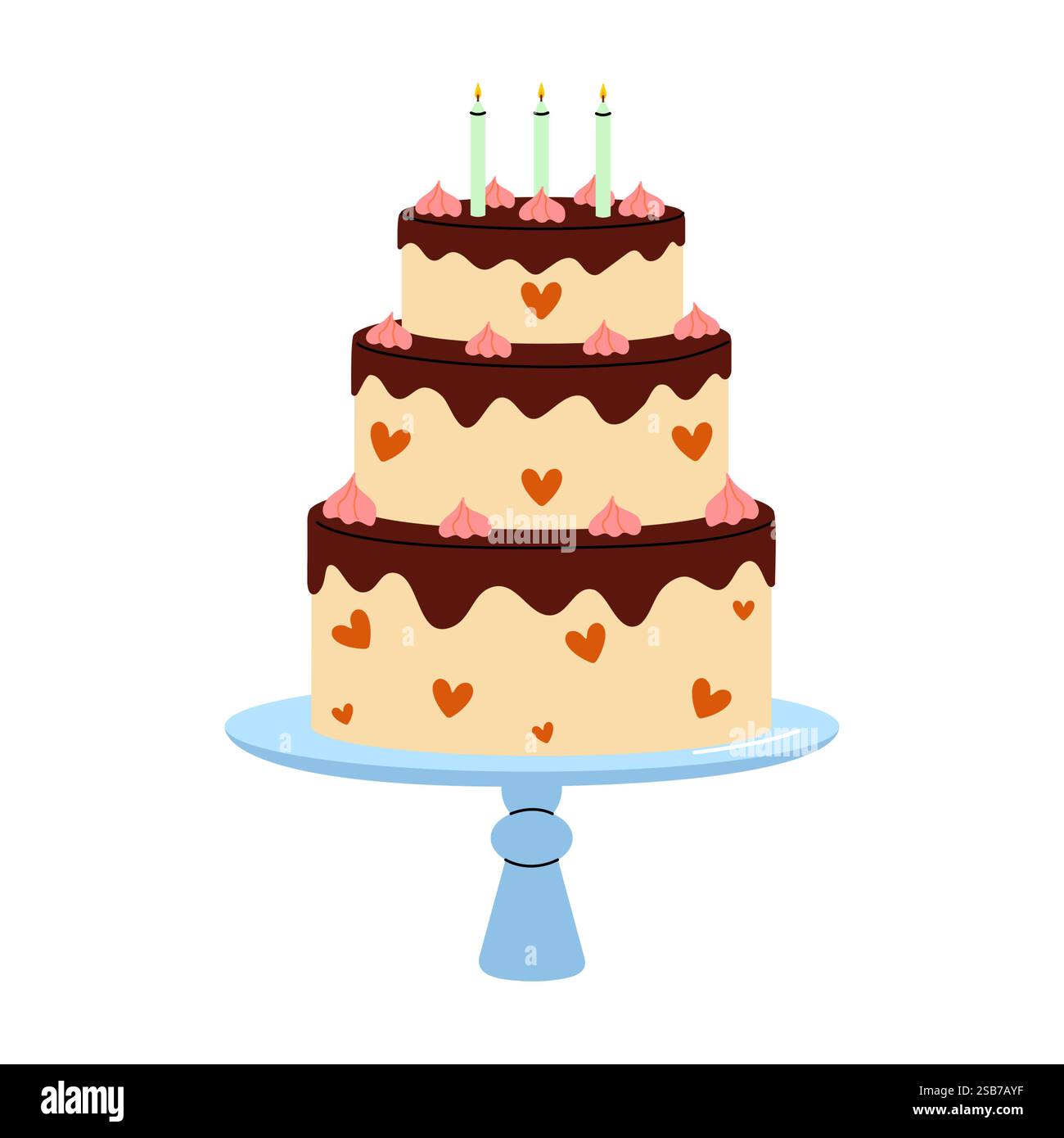 Ein wunderschön gestalteter dreistufiger Kuchen mit Schokoladenfrost, rosa Dekor und Kerzen, perfekt für eine Feier. Stock Vektor