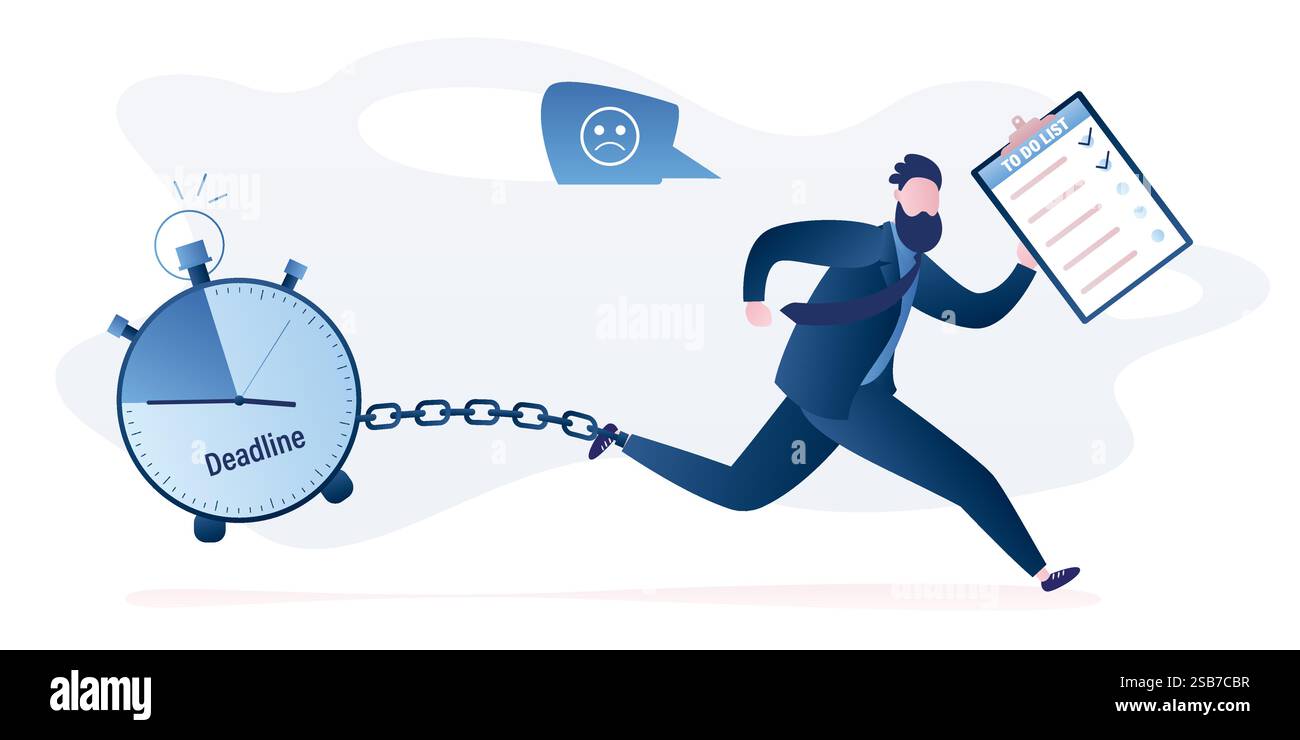 Geschäftsmann läuft mit einer Zeitangabe, die von Kette zu Bein befestigt ist. Unglücklicher Büroangestellter mit To-do-Liste. Lustiger männlicher Angestellter. Zeitmanagement und Dead Stock Vektor