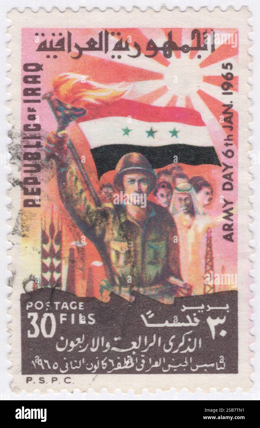 IRAK - 6. Januar 1965: 30 Fils schwarz-braune und mehrfarbige Briefmarke mit einem Soldaten mit Fackel, Menschenmenge, Flagge, Industrieanlagen, Ohr und Sonne. Gedenktag Der Armee. Die Streitkräfte des Irak wurden Anfang der 1920er Jahre gebildet Sechs Militärputsche wurden von der Armee zwischen 1936 und 1941 aufgestellt. Sie wurden erstmals im Anglo-Irakkrieg von 1941 gekämpft. Sie kämpften gegen Israel im arabisch-israelischen Krieg 1948, im Sechstagekrieg 1967 und im Jom-Kippur-Krieg 1973. Zwei Kriege gegen die Kurden wurden 1961-1970 und 1974–1975 geführt Stockfoto
