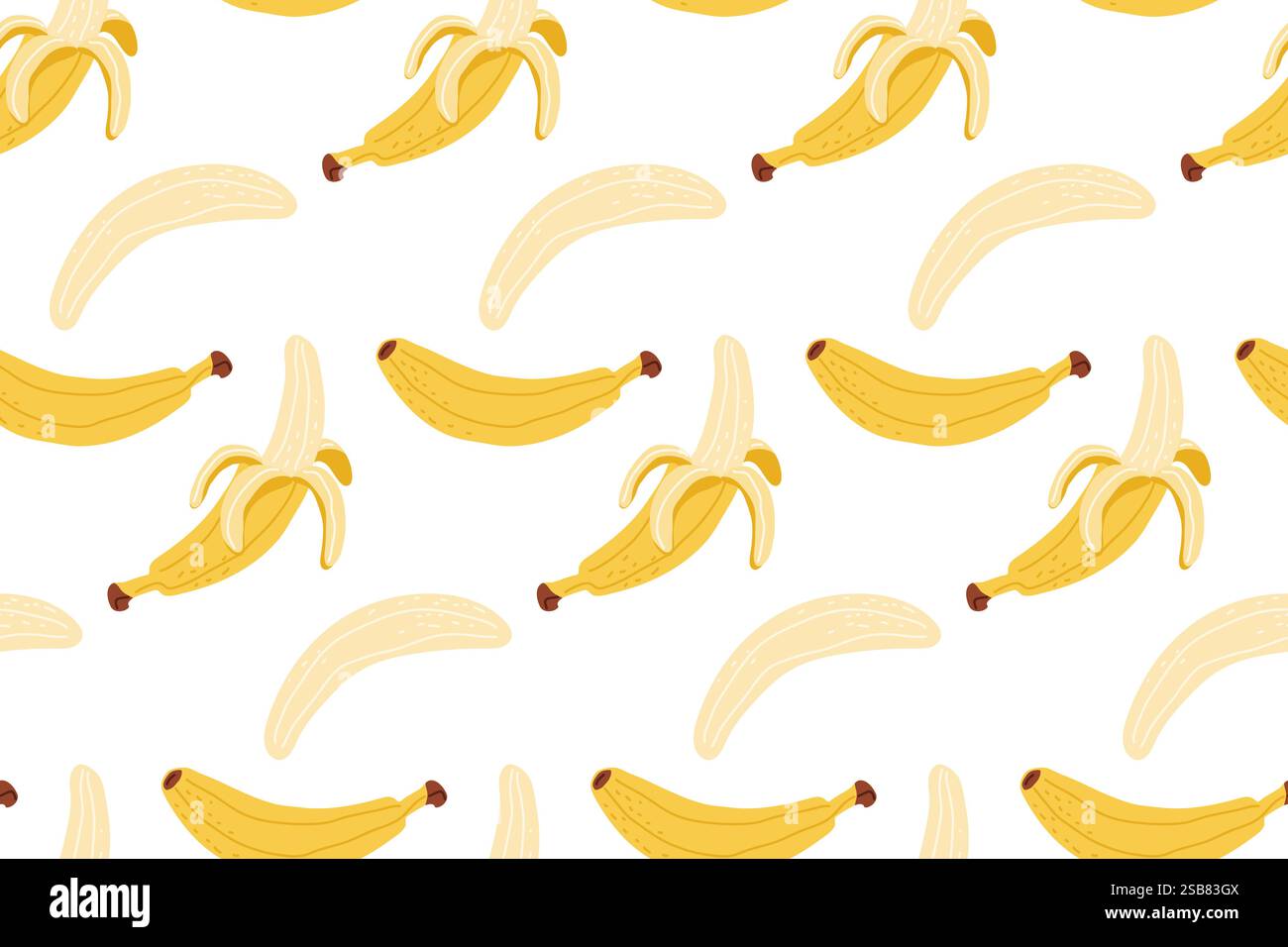 Buntes Bananenmuster auf weißem Hintergrund mit ganzen und geschälten Bananen Stock Vektor