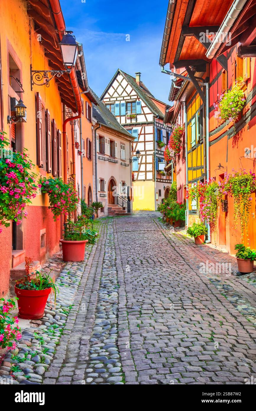 Eguisheim, Elsass - Frankreich. Schönes französisches Dorf, farbenfrohe Fachwerkhäuser, kopfsteingepflasterte Straßen, mittelalterlicher Charme. Stockfoto