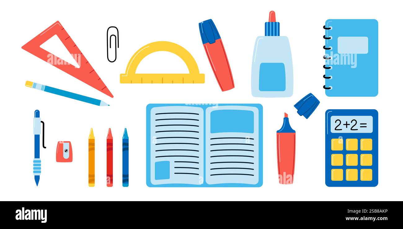 Set aus verschiedenen Schul- und Bildungsmaterialien. Vektor-Illustration in flachem Cartoon-Stil. Stock Vektor