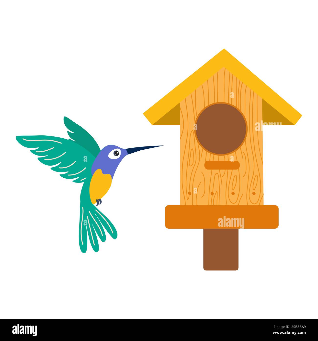 Kolibri besucht an einem sonnigen Tag ein hölzernes Vogelhaus in einem farbenfrohen Garten Stock Vektor