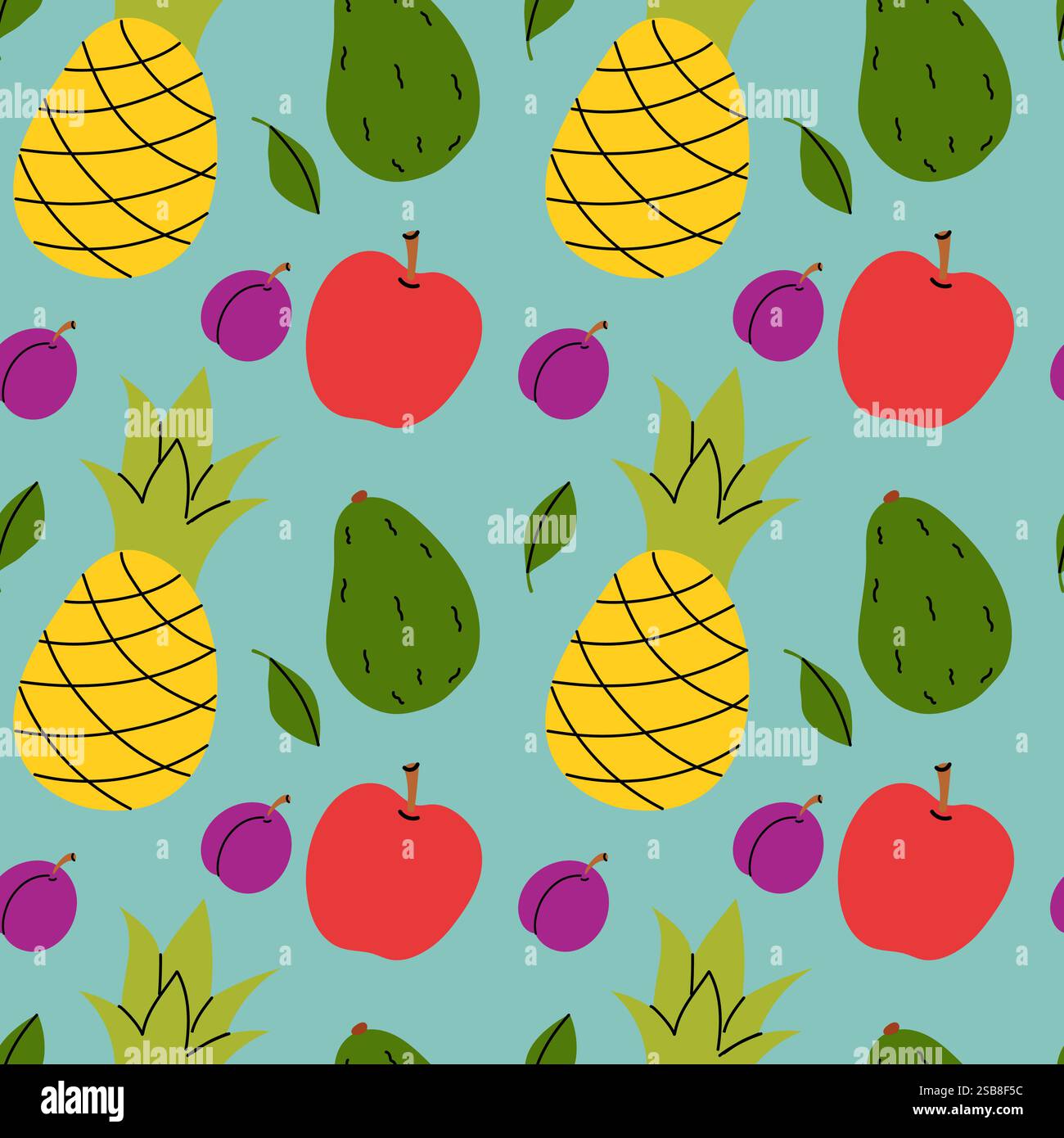 Buntes Fruchtmuster mit Ananas, Äpfeln, Avocados und Pflaumen auf hellblauem Hintergrund Stock Vektor
