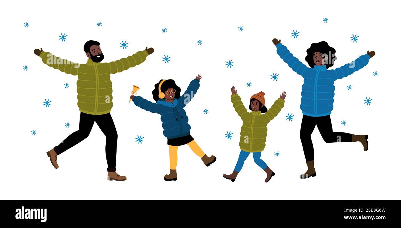 Familie genießt Winterspaß im Schnee und feiert gemeinsam Stock Vektor