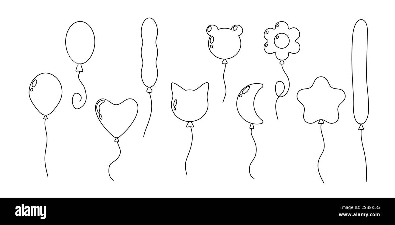 Lustige Umrisszeichnungen verschiedener Ballons in verschiedenen Formen und Designs für Veranstaltungen oder Feiern Stock Vektor
