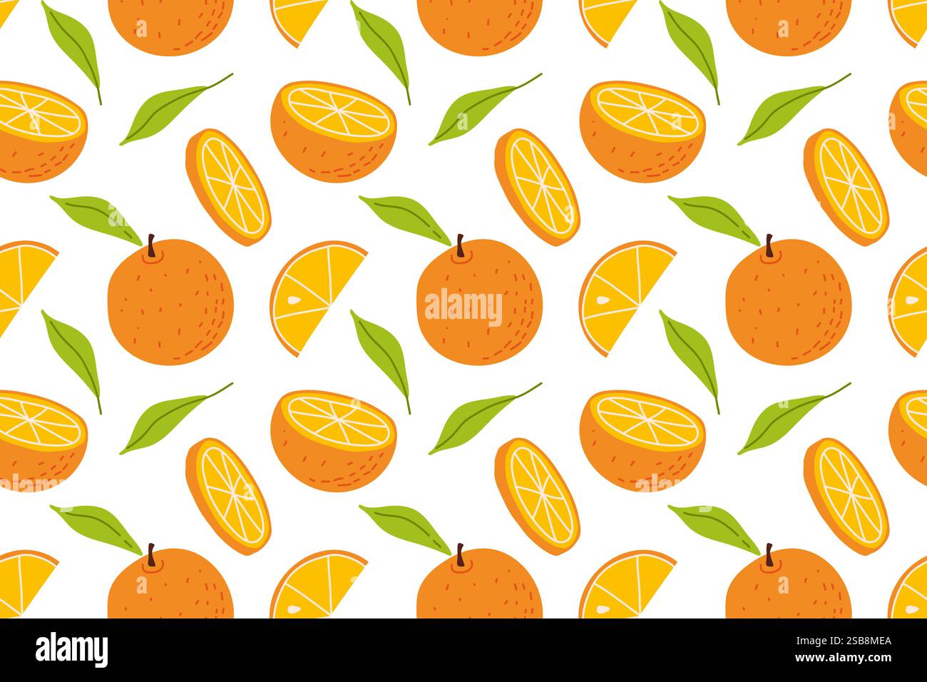 Ein lebhaftes Muster zeigt ganze Orangen, orangefarbene Scheiben und grüne Blätter Stock Vektor