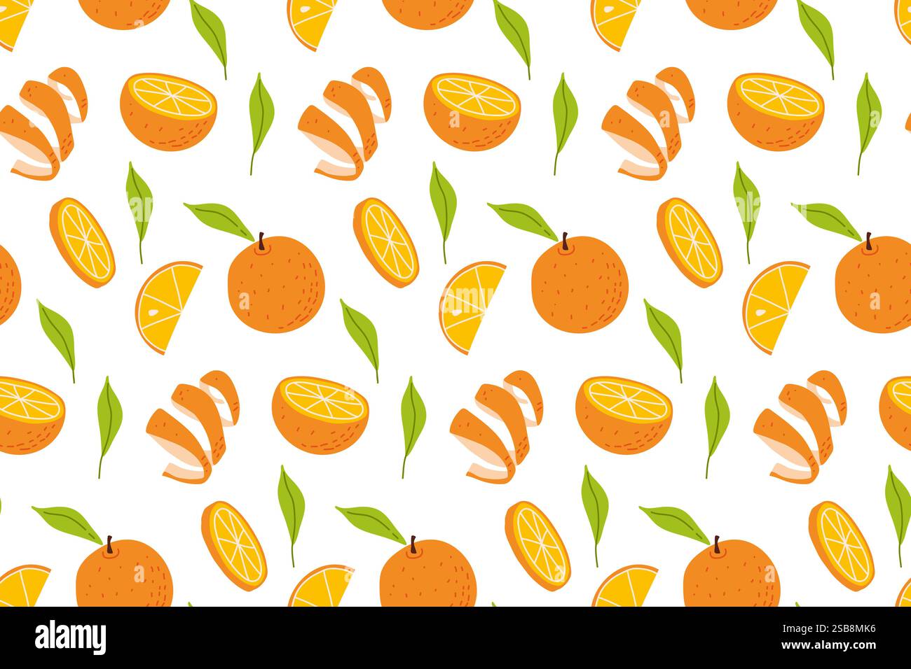 Buntes Muster aus orangen Fruchtscheiben und Blättern auf weißem Hintergrund für lebendige Designs Stock Vektor