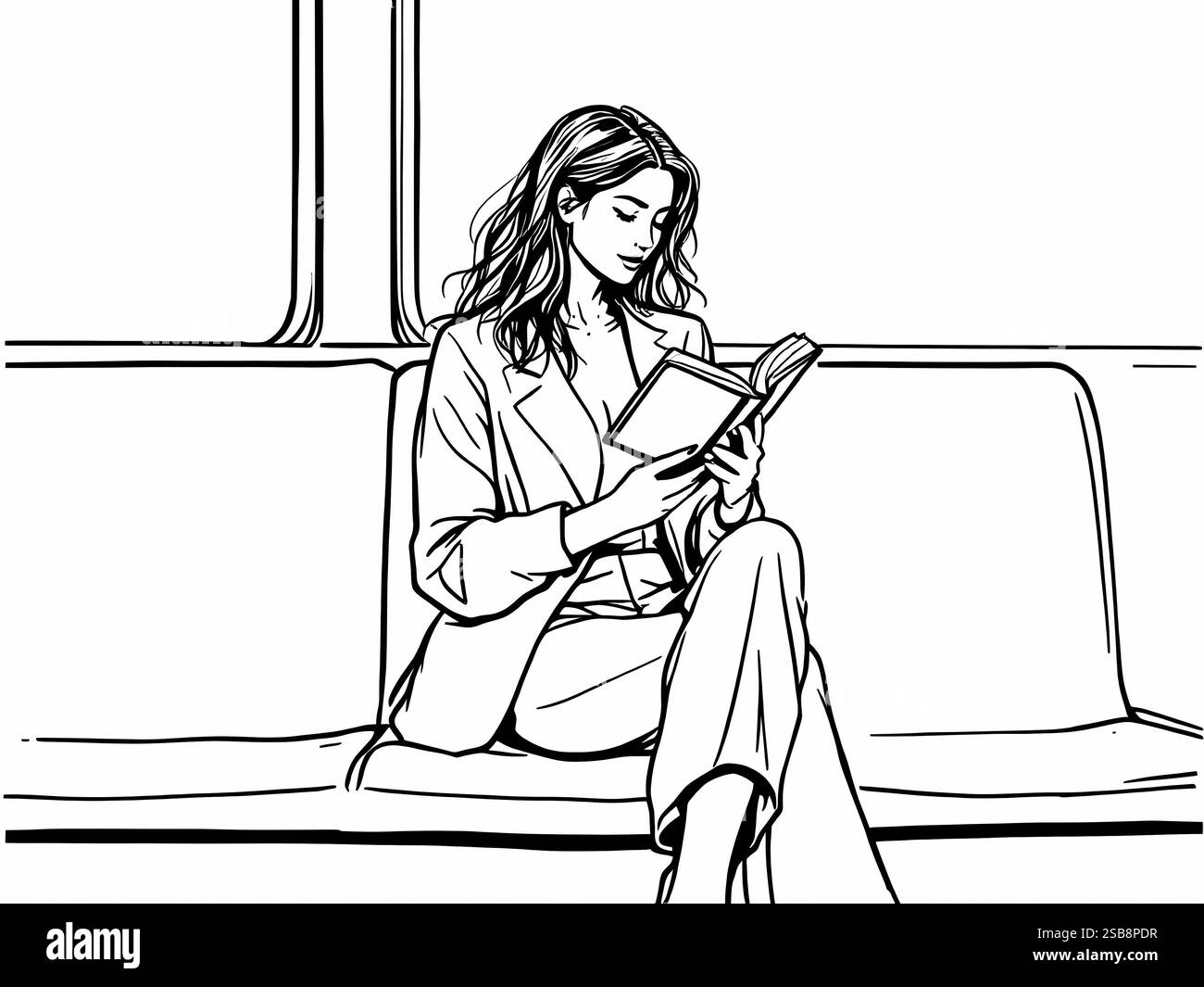 Frau liest ein Buch in der U-Bahn-Illustration Stockfoto