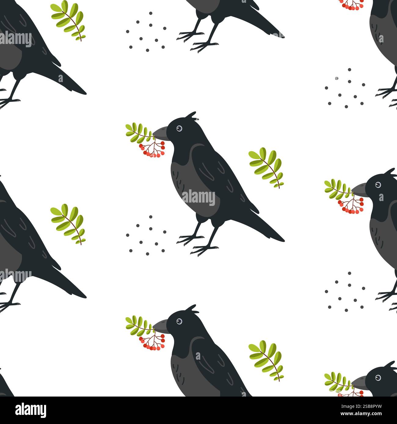 Schwarze Vögel, die grüne Blätter auf weißem Hintergrund halten, erzeugen ein skurriles Muster Stock Vektor