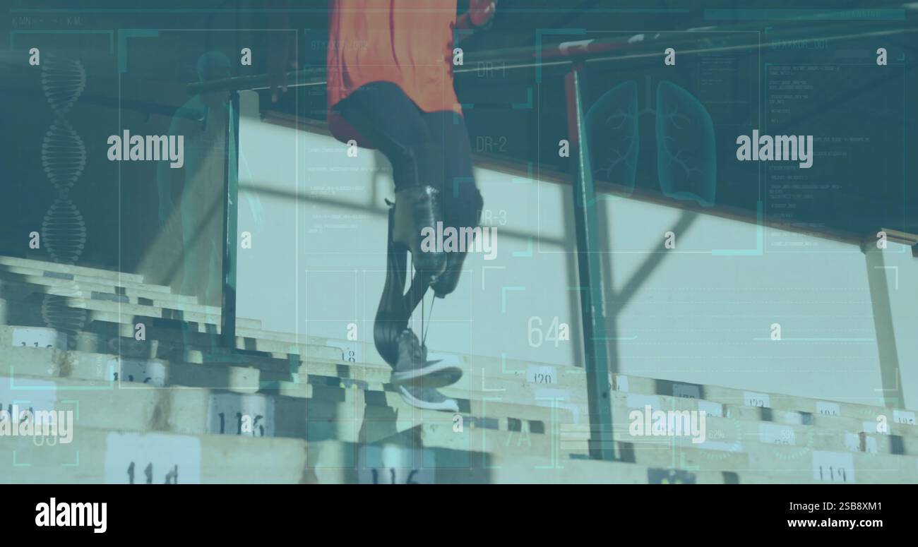 Medizinische Daten und DNA-Analysebild über Person mit prothetischem Bein, die unten geht Stockfoto