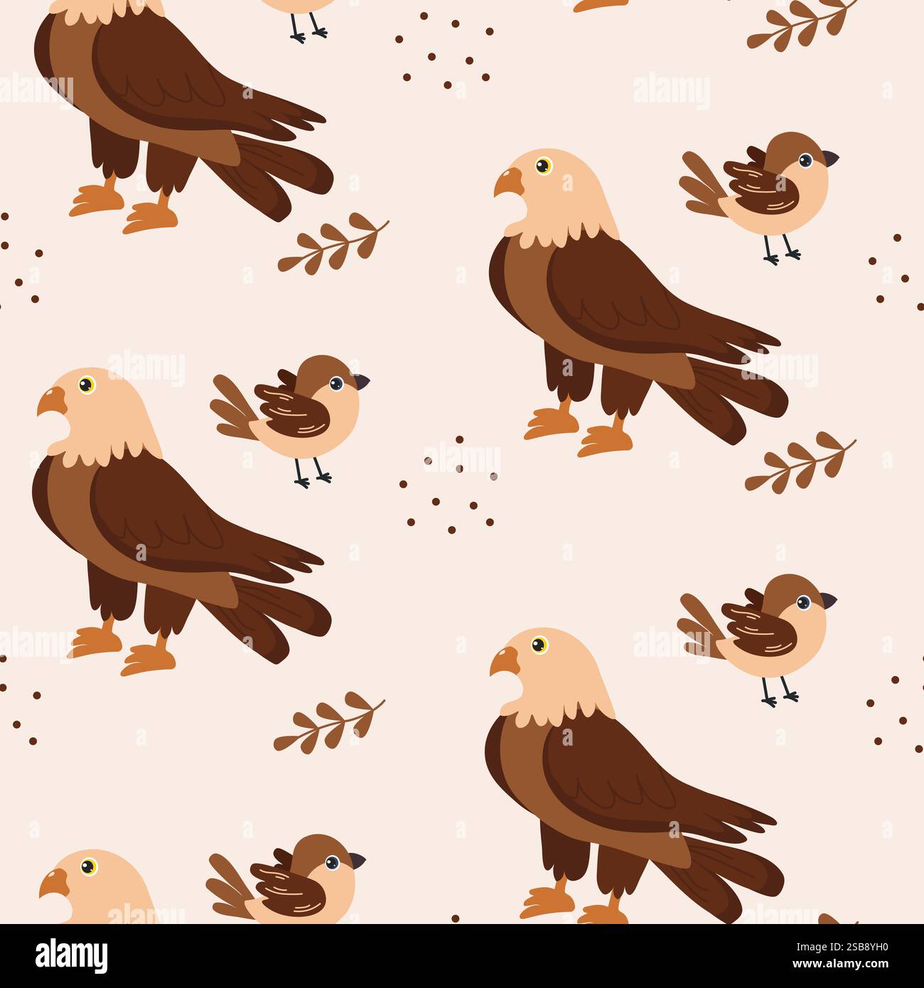 Farbenfrohe Vögel und Blätter mit Adlern und Spatzen auf hellem Hintergrund Stock Vektor
