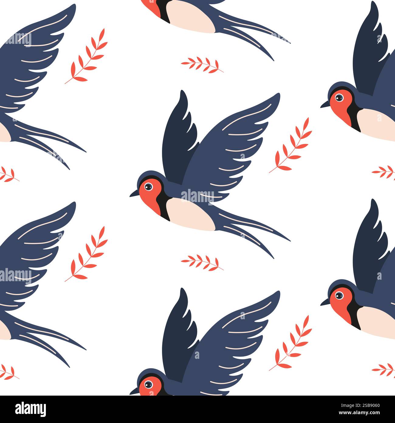 Farbenfrohe Vögel fliegen zwischen Blumenelementen in einem verspielten Design auf weißem Hintergrund Stock Vektor