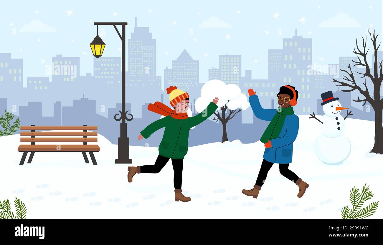 Freunde, die einen Schneeballkampf in einem Winterpark mit schneebedeckten Landschaften genießen Stock Vektor