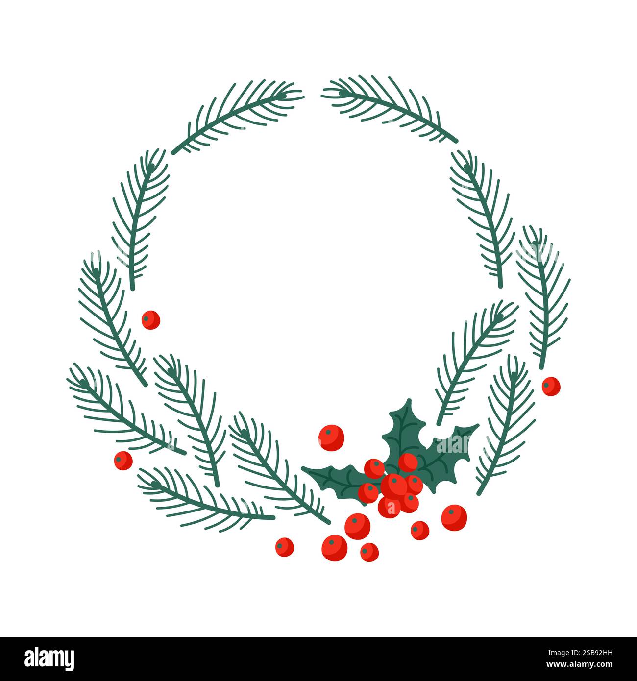 Festlicher Kranz aus immergrünen Zweigen und roten Beeren zur Weihnachtsdekoration Stock Vektor