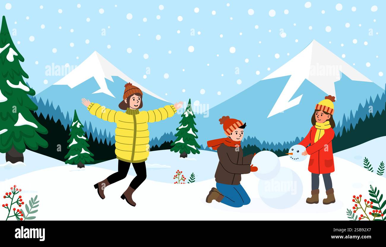 Freunde feiern den Winter, indem sie einen Schneemann in einer verschneiten Berglandschaft bauen Stock Vektor